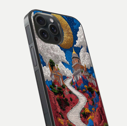 Heavenly Moon Path Glass Case for iPhone 15 Pro close-up angled shot showing moon reflection and shimmer texture