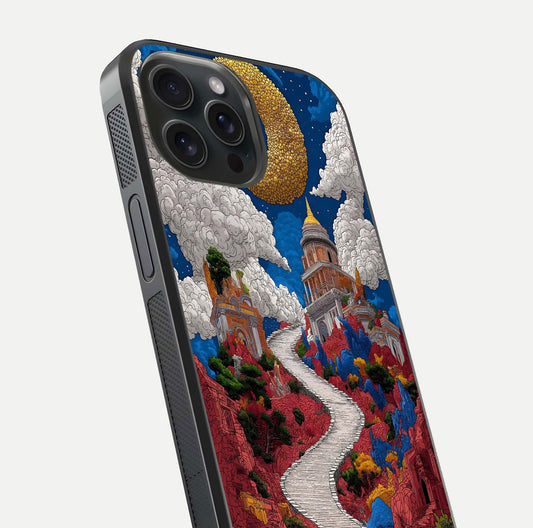 Heavenly Moon Path Glass Case for iPhone 15 Pro close-up angled shot showing moon reflection and shimmer texture