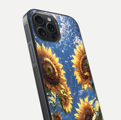 Heavenly Sunflower Rise Glass Case for iPhone 15 Pro close-up angled shot showing sunflower texture and reflection polish
