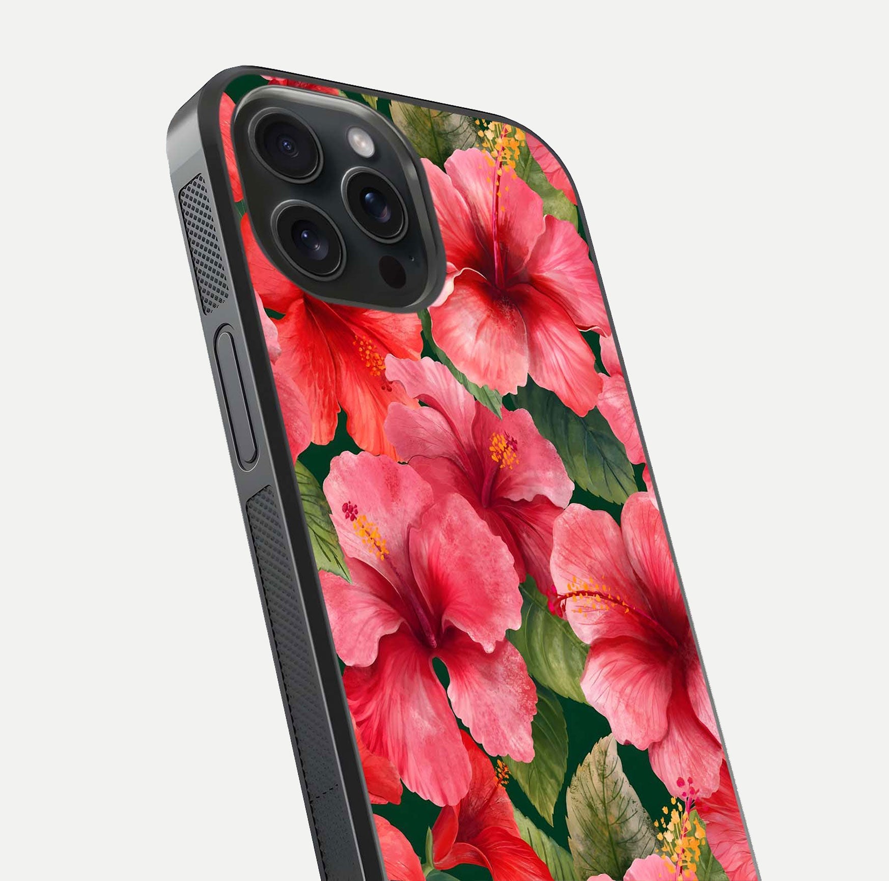 Hibiscus Pattern Glass Case for iPhone 15 Pro close-up angled shot showing flower details and gloss reflection