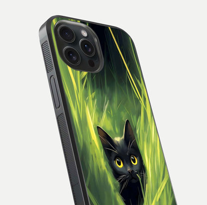 Hidden Cat Whisper Glass Case for iPhone 15 Pro close-up angled shot showing feline details and reflection polish