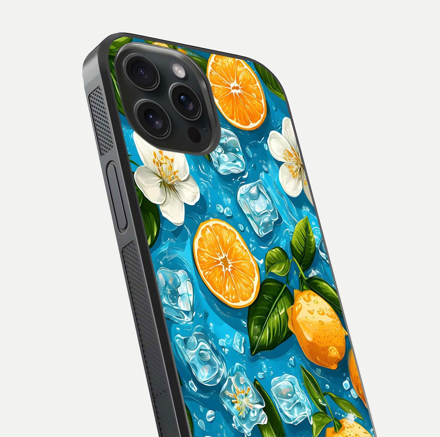 Ice Cube With Orange Glass Case for iPhone 15 Pro close-up angled shot showing orange slices and ice reflections