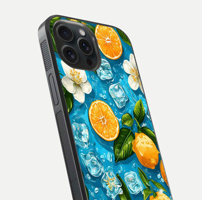 Ice Cube With Orange Glass Case for iPhone 15 Pro close-up angled shot showing orange slices and ice reflections
