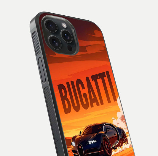 Inferno Bugatti Storm Glass Case for iPhone 15 Pro close-up angled shot showing flame details and reflection shine