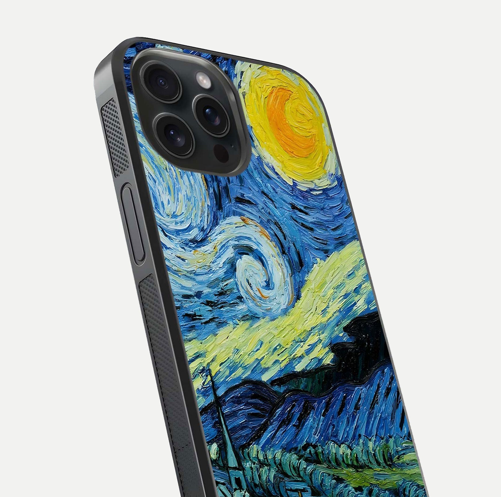 Inspired Van Gogh Art Glass Case for iPhone 15 Pro close-up angled shot showing brushstroke texture and shine detail