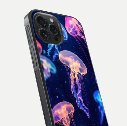 Jellyfish Pattern Glass Case for iPhone 15 Pro close-up angled shot showing translucent tentacles and light reflection