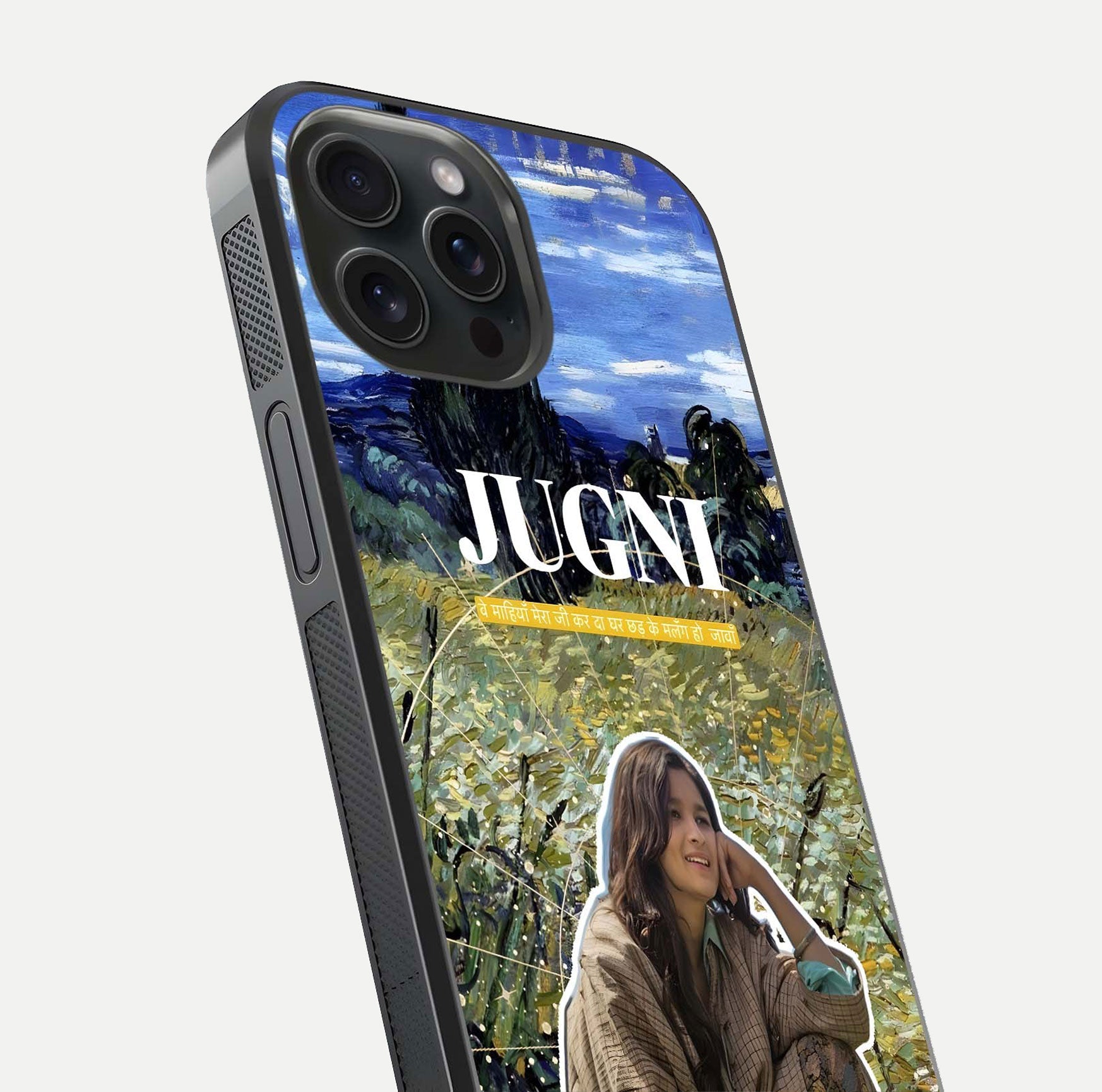 Jugni Soul Vibes Glass Case for iPhone 15 Pro close-up angled shot showing typography detail and vibrant gloss reflection