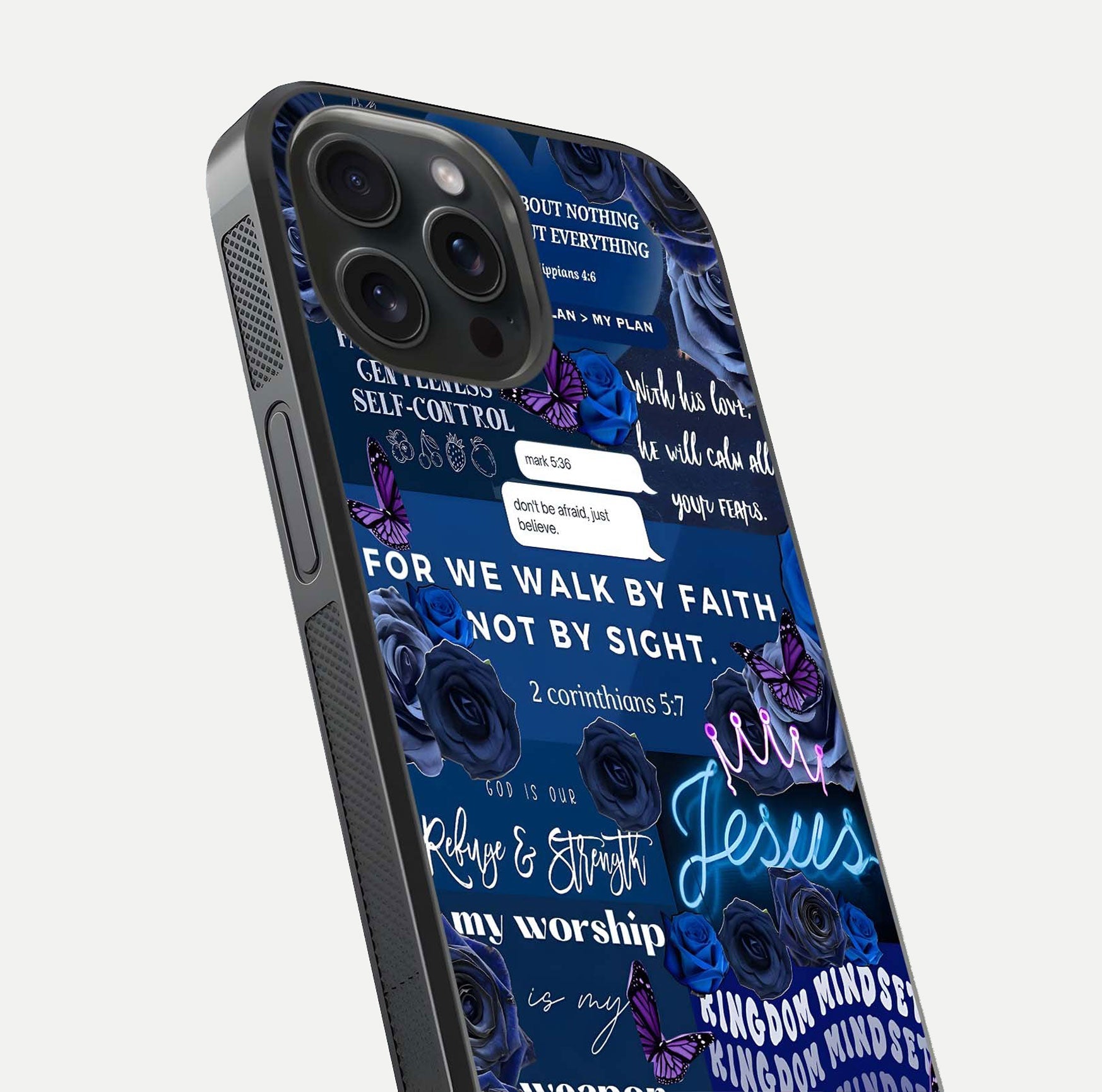 Kingdom Faith Glow Glass Case for iPhone 15 Pro close-up angled shot showing luminous text and divine reflection