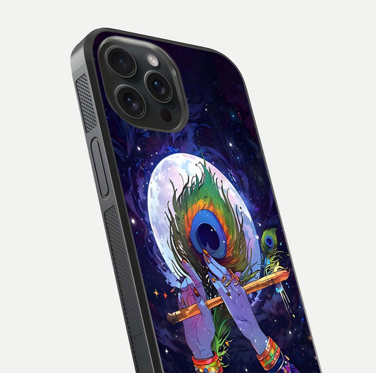 Krishna Hands Art Glass Case for iPhone 15 Pro close-up angled shot showing detailed hand design and shine