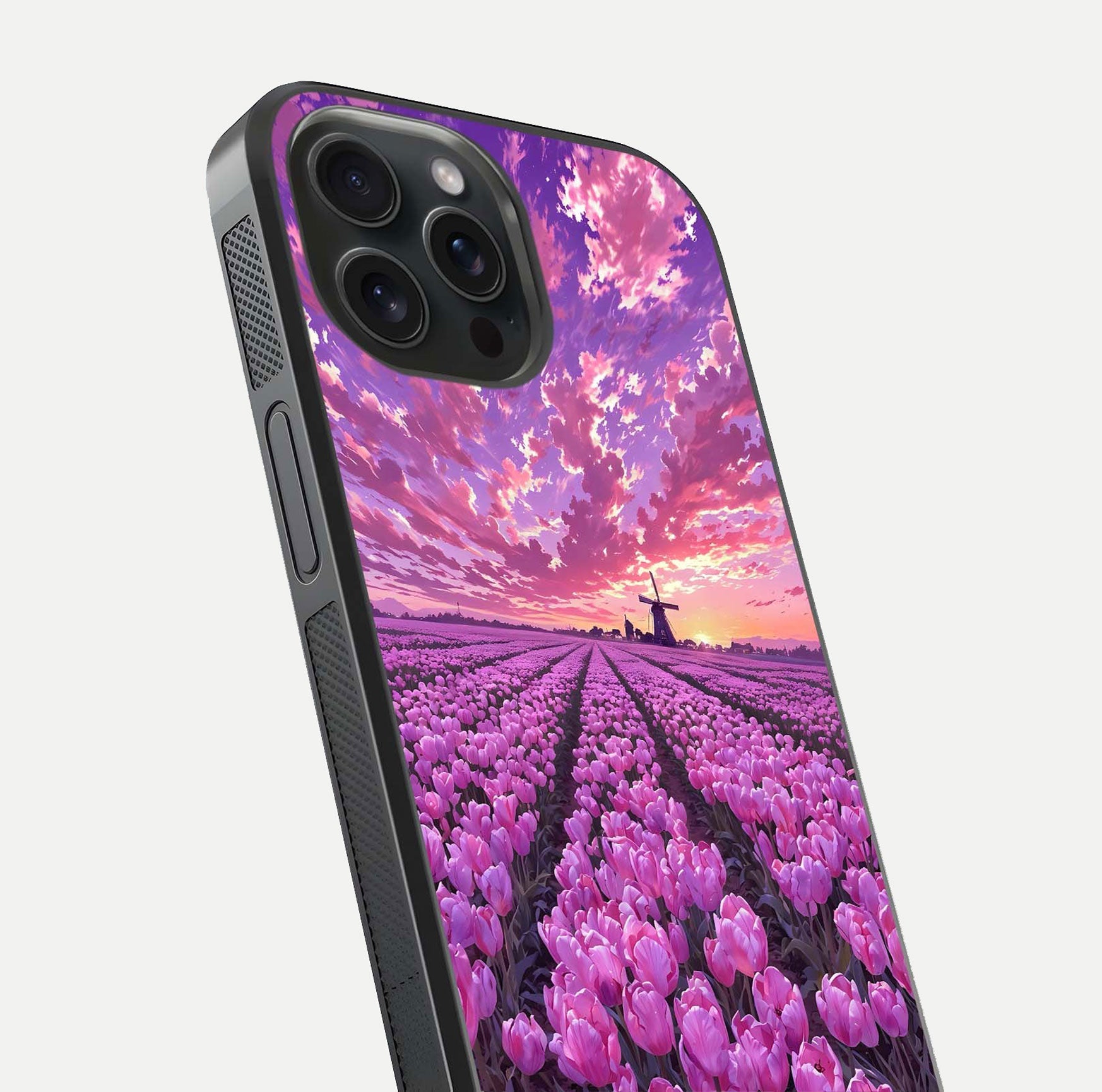 Lavender Dream Skies Glass Case for iPhone 15 Pro close-up angled shot showing purple hues and soft reflection