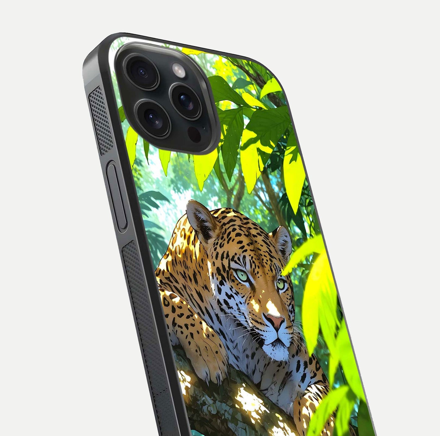 Leopard in Jungle Glass Case for iPhone 15 Pro angled close-up showing fur texture and glossy shine reflection