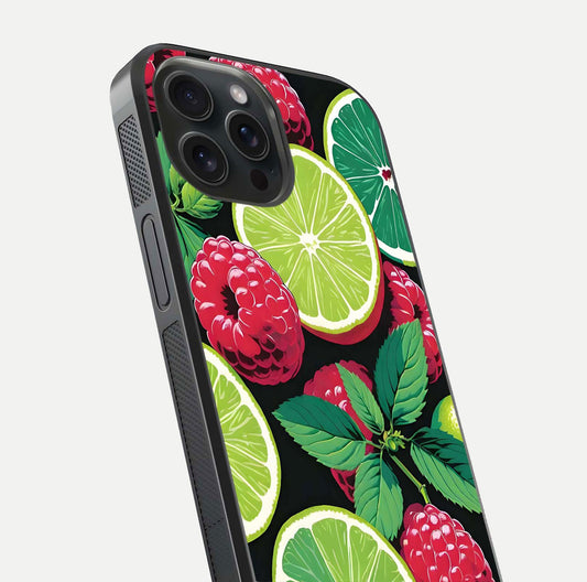 Lime and Raspberry Pattern Glass Case for iPhone 15 Pro angled close-up showing fruit texture and reflection glow