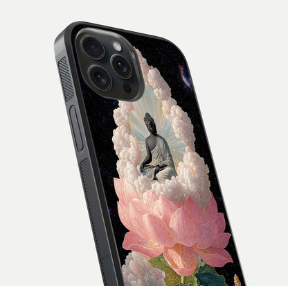 Lotus Divine Peace Glass Case for iPhone 15 Pro angled close-up showing delicate petals and gloss reflection