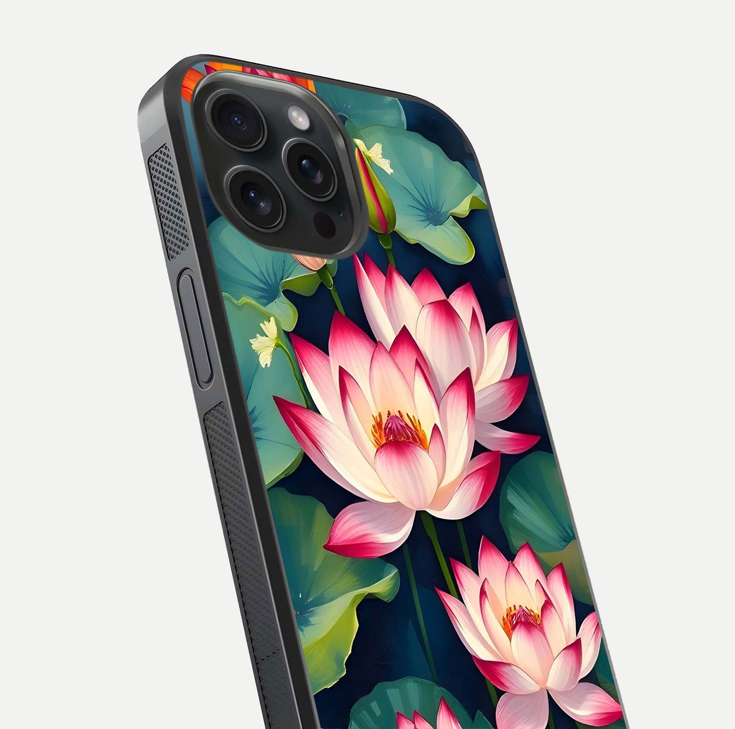 Lotus Dream Serenity Glass Case for iPhone 15 Pro close-up angled shot showing floral details and soft shine