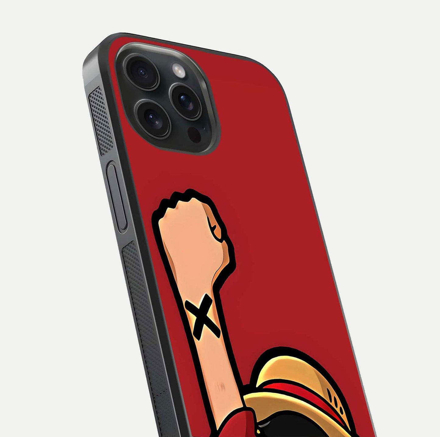 Luffy X Spirit Glass Case for iPhone 15 Pro close-up angled shot showing character detailing and gloss texture