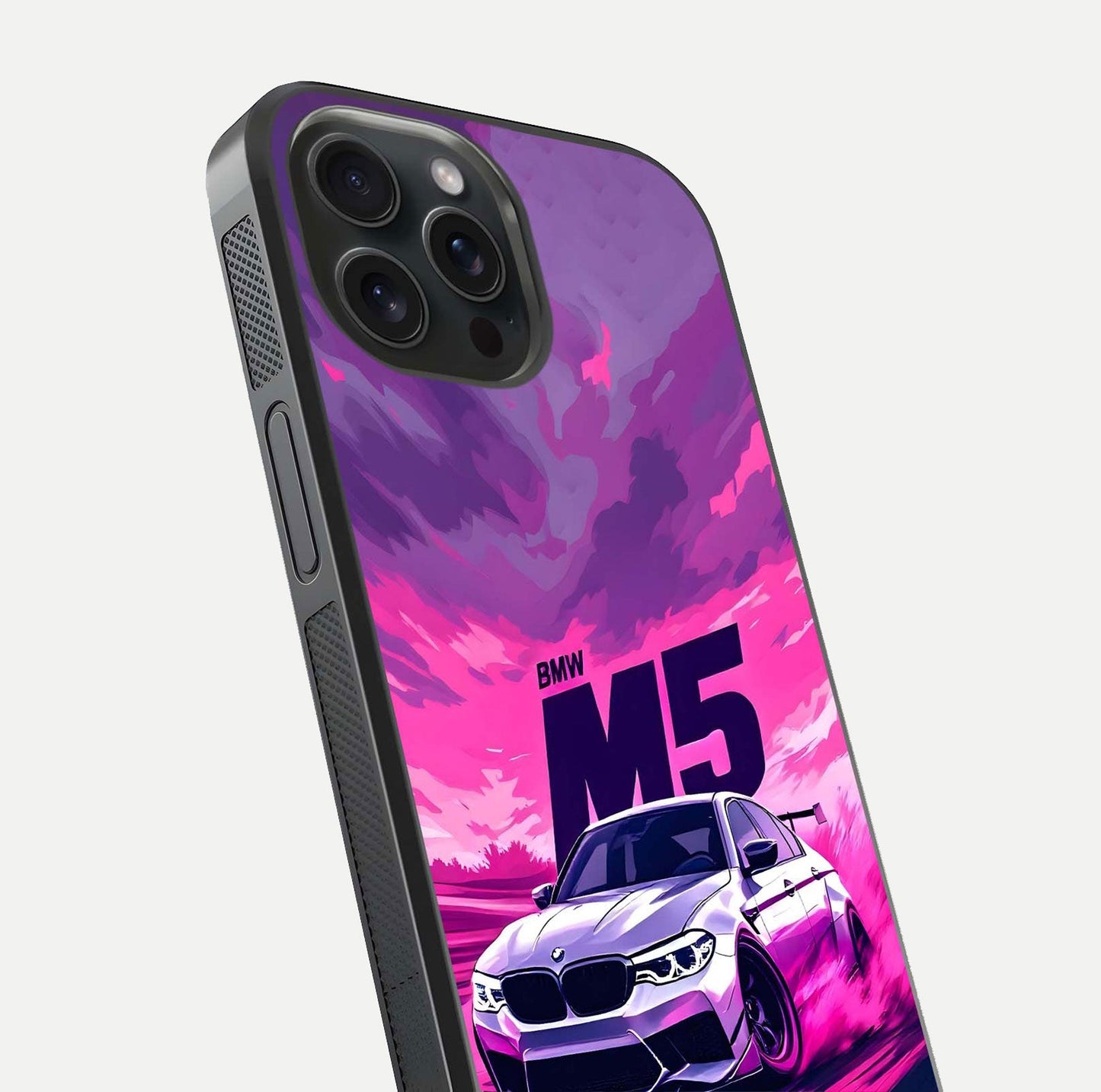 MS Neon Car Glass Case for iPhone 15 Pro close-up angled shot showing vivid neon reflections and shine