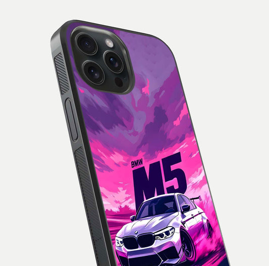 MS Neon Car Glass Case for iPhone 15 Pro close-up angled shot showing vivid neon reflections and shine
