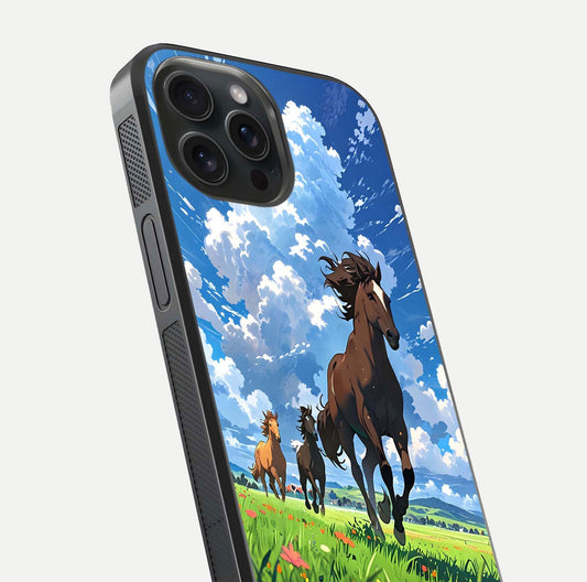 Majestic Horses Galloping Glass Case for iPhone 15 Pro close-up angled shot showing horse motion and reflection