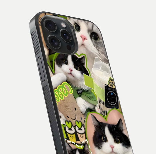 Matcha Cats Mood Glass Case for iPhone 15 Pro close-up angled shot showing adorable cat art and reflection detail