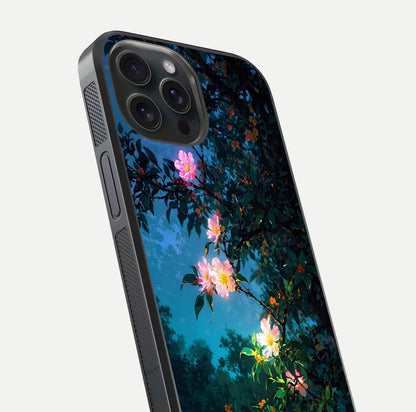 Midnight Bloom Glow Glass Case for iPhone 15 Pro close-up angled shot showing petal highlights and glow reflection
