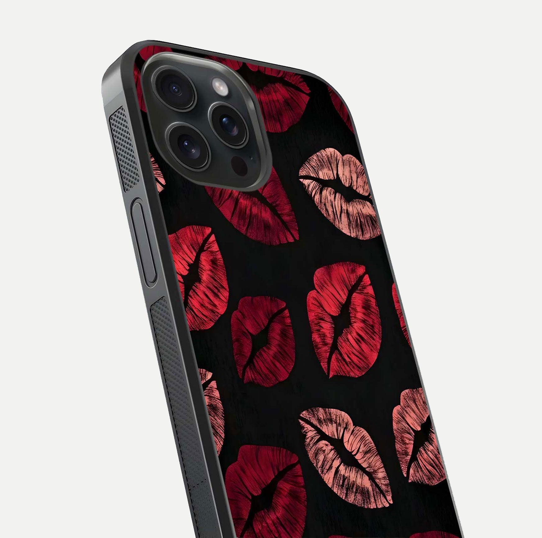 Midnight Kiss Love Glass Case for iPhone 15 Pro close-up angle highlighting red accents and reflection shine