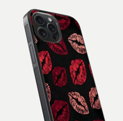 Midnight Kiss Love Glass Case for iPhone 15 Pro close-up angle highlighting red accents and reflection shine
