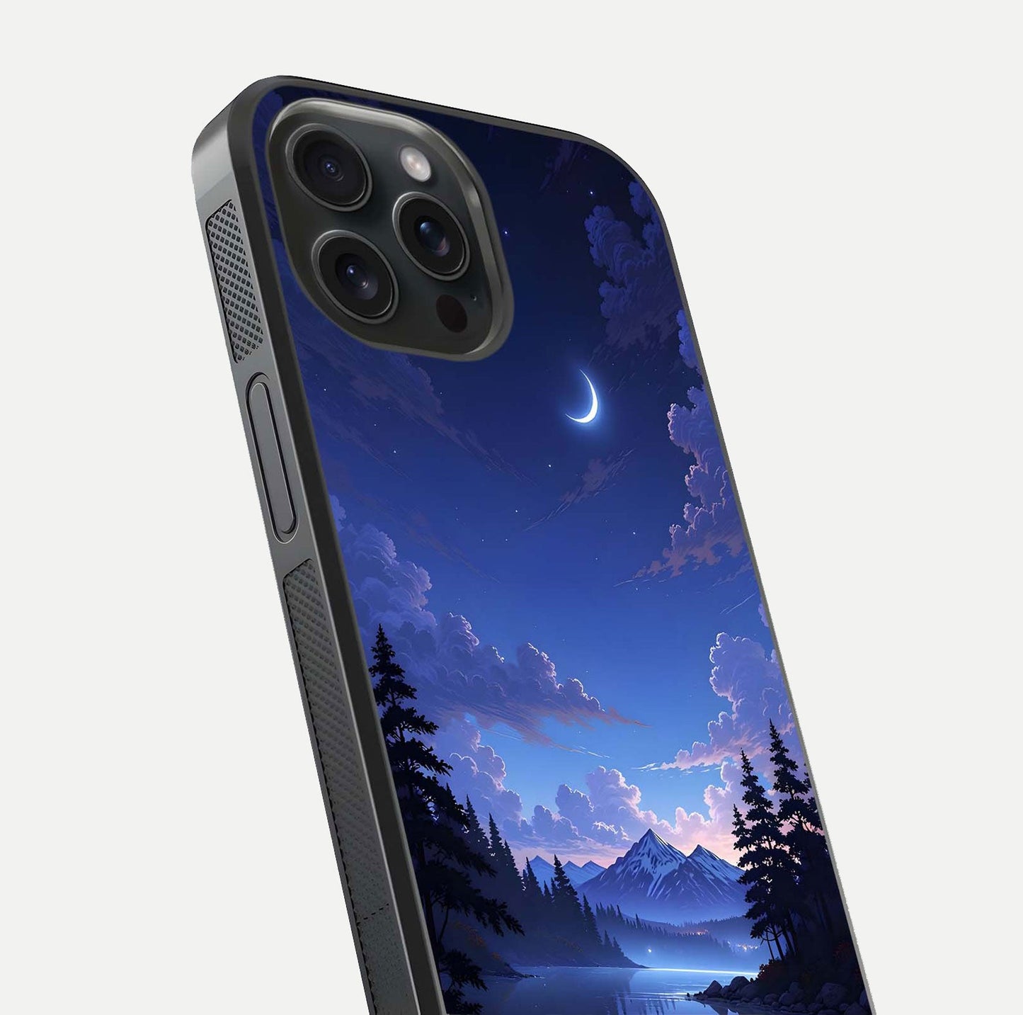 Midnight Lake Peace Glass Case for iPhone 15 Pro close-up angled shot showing blue night tones and reflection