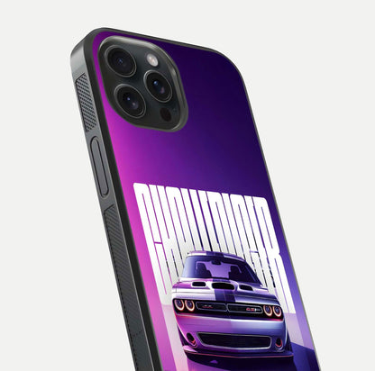 Midnight Muscle Ride Glass Case for iPhone 15 Pro close-up angled shot showing HD reflections and car details