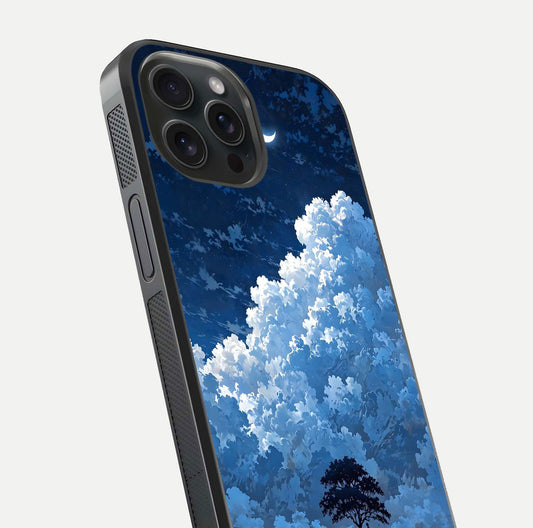 Midnight Sky Serenity Glass Case for iPhone 15 Pro close-up angled shot showing starlit tones and reflection