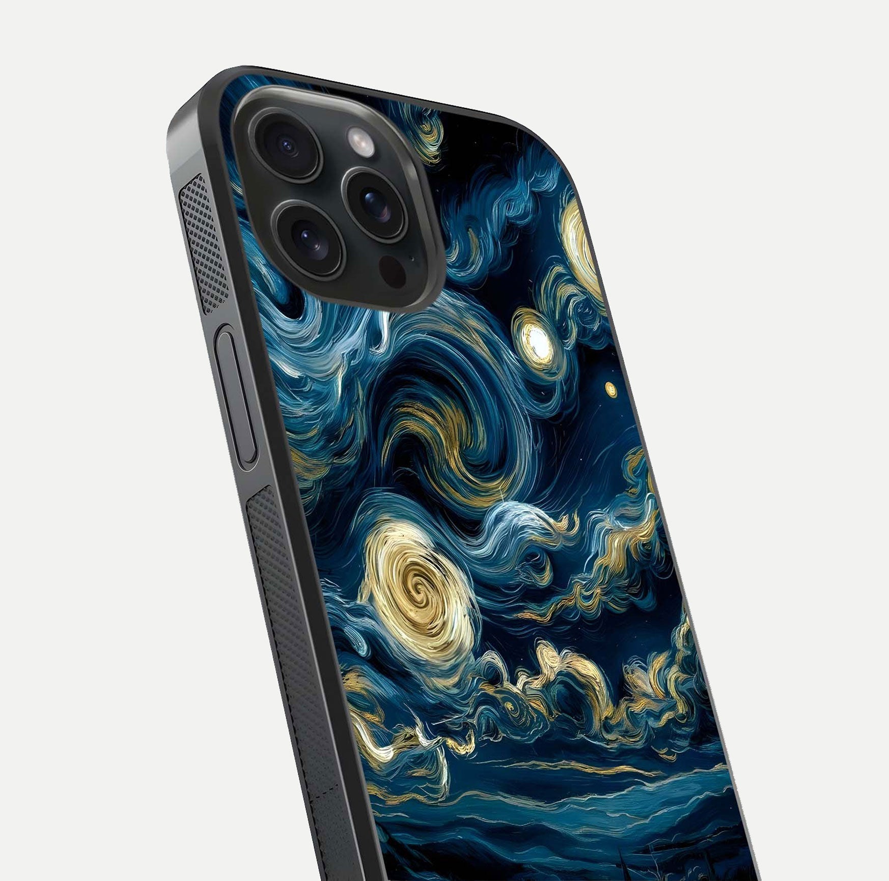 Midnight Sky Whirl Glass Case for iPhone 15 Pro close-up angle showing spiral design and HD gloss reflection