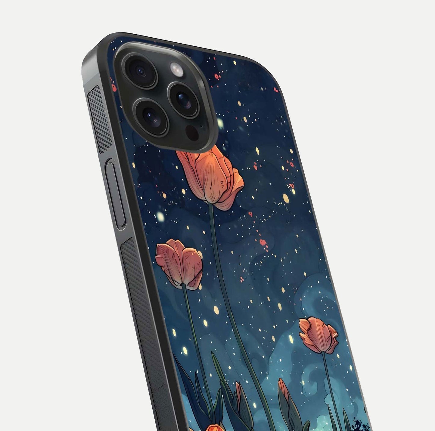 Midnight Tulip Glow Glass Case for iPhone 15 Pro close-up angled shot showing petal details and reflection glow