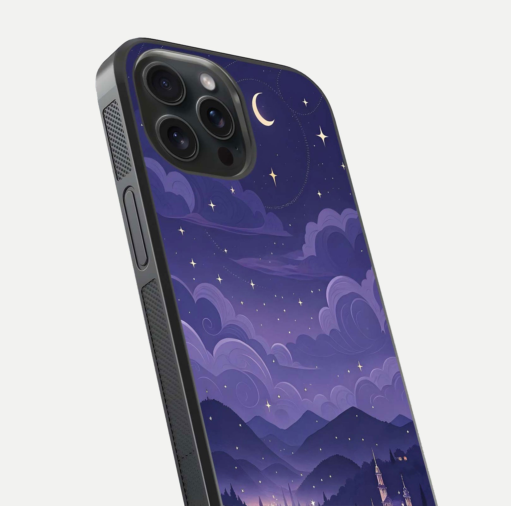 Minimal Night View Glass Case for iPhone 15 Pro close-up angled shot showing lights reflection and dark tone details