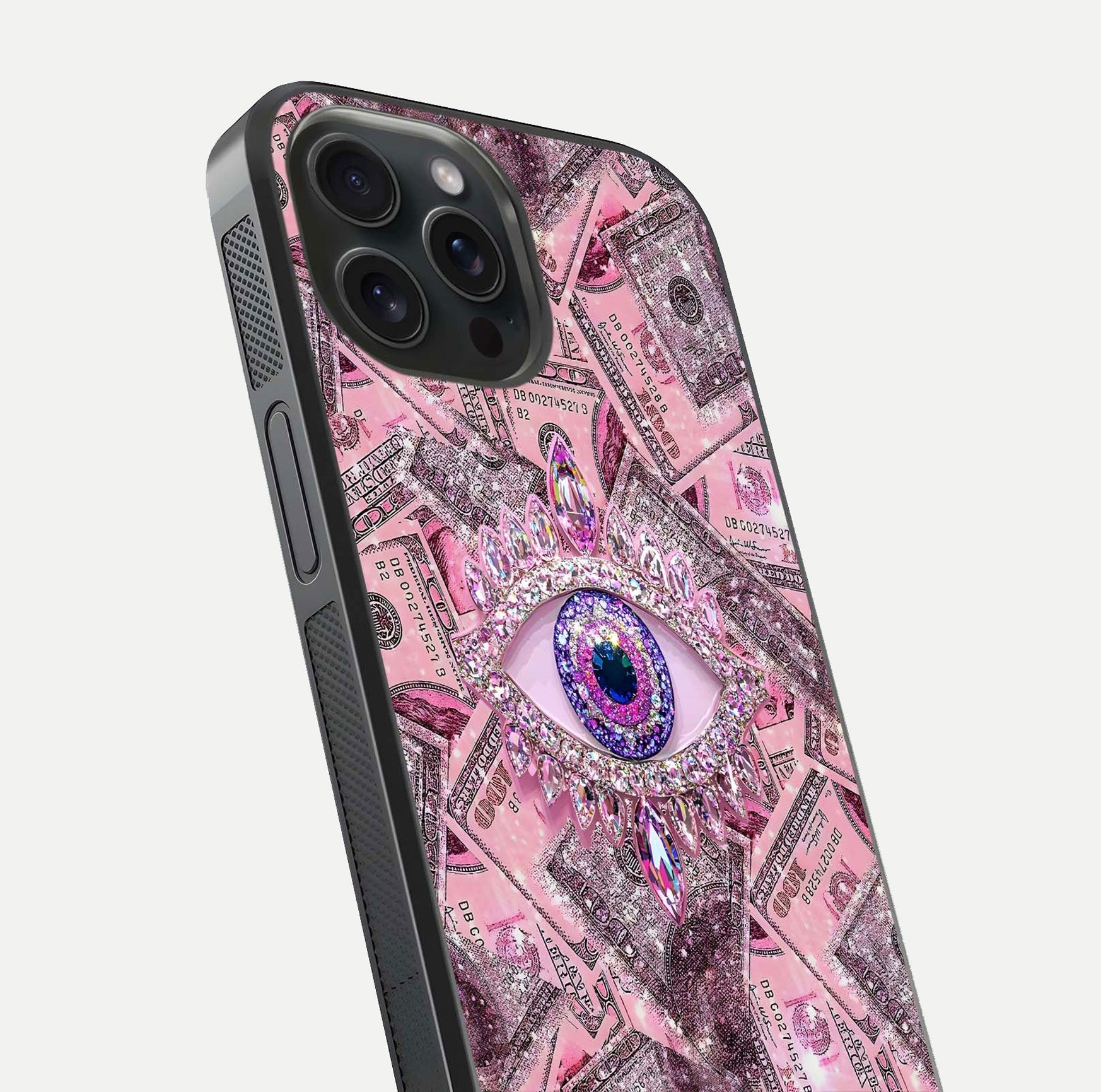Money Eye Luxe Glass Case for iPhone 15 Pro close-up angled shot showing gold detailing and reflection shine