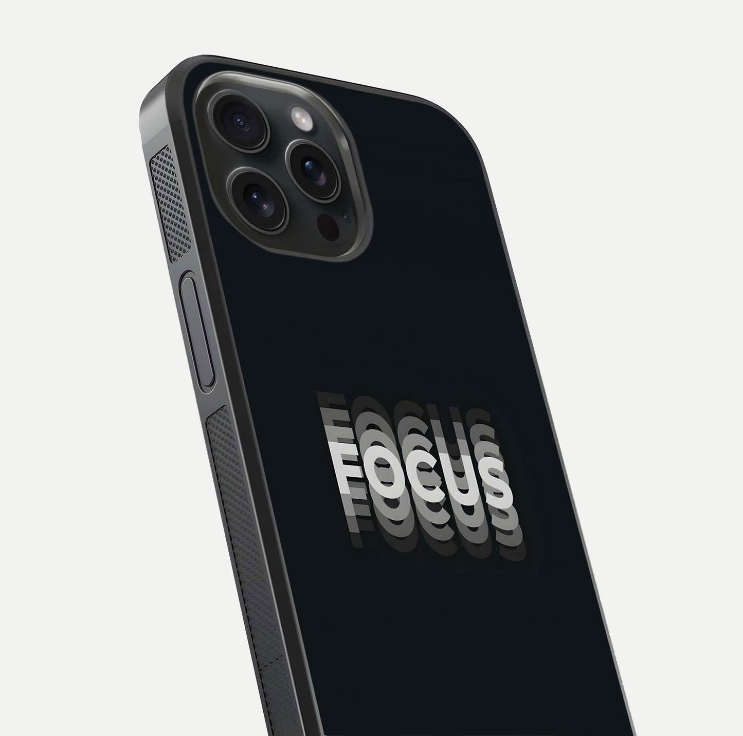 Mono Focus Vision Glass Case for iPhone 15 Pro close-up angled shot highlighting minimal contrast and reflection