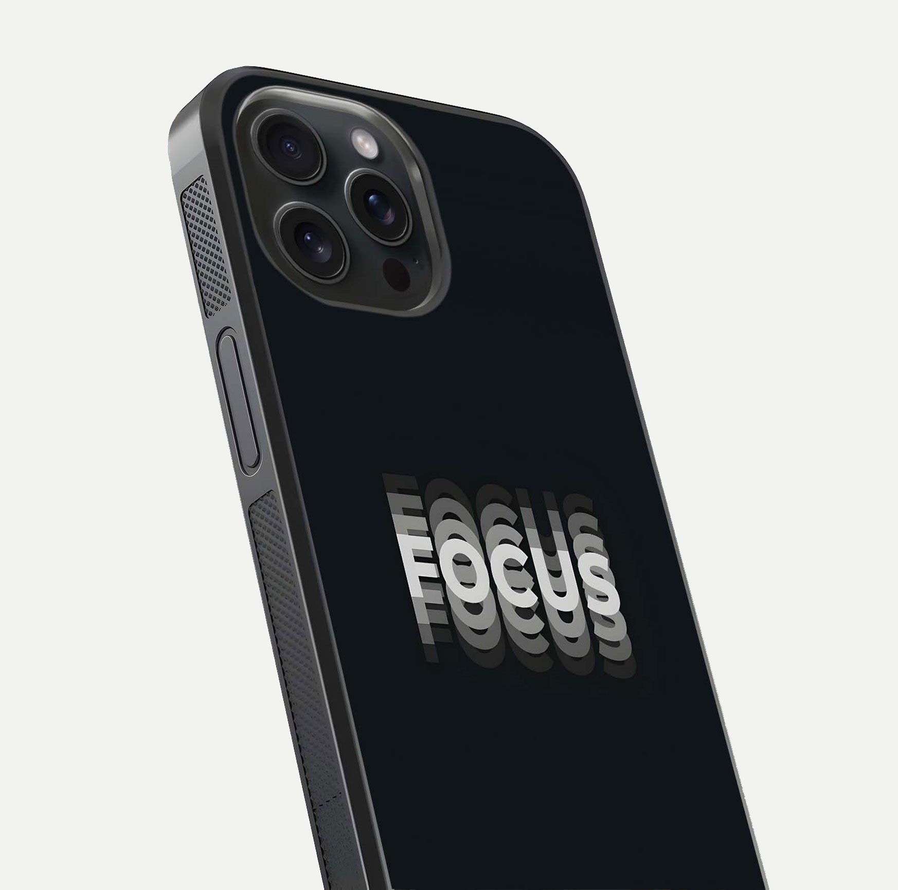 Mono Focus Vision Glass Case for iPhone 15 Pro close-up angled shot highlighting minimal contrast and reflection