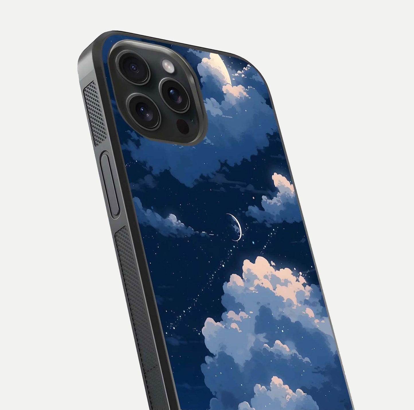 Moon Dream Haze Glass Case for iPhone 15 Pro close-up angled shot showing moon reflection and subtle glow