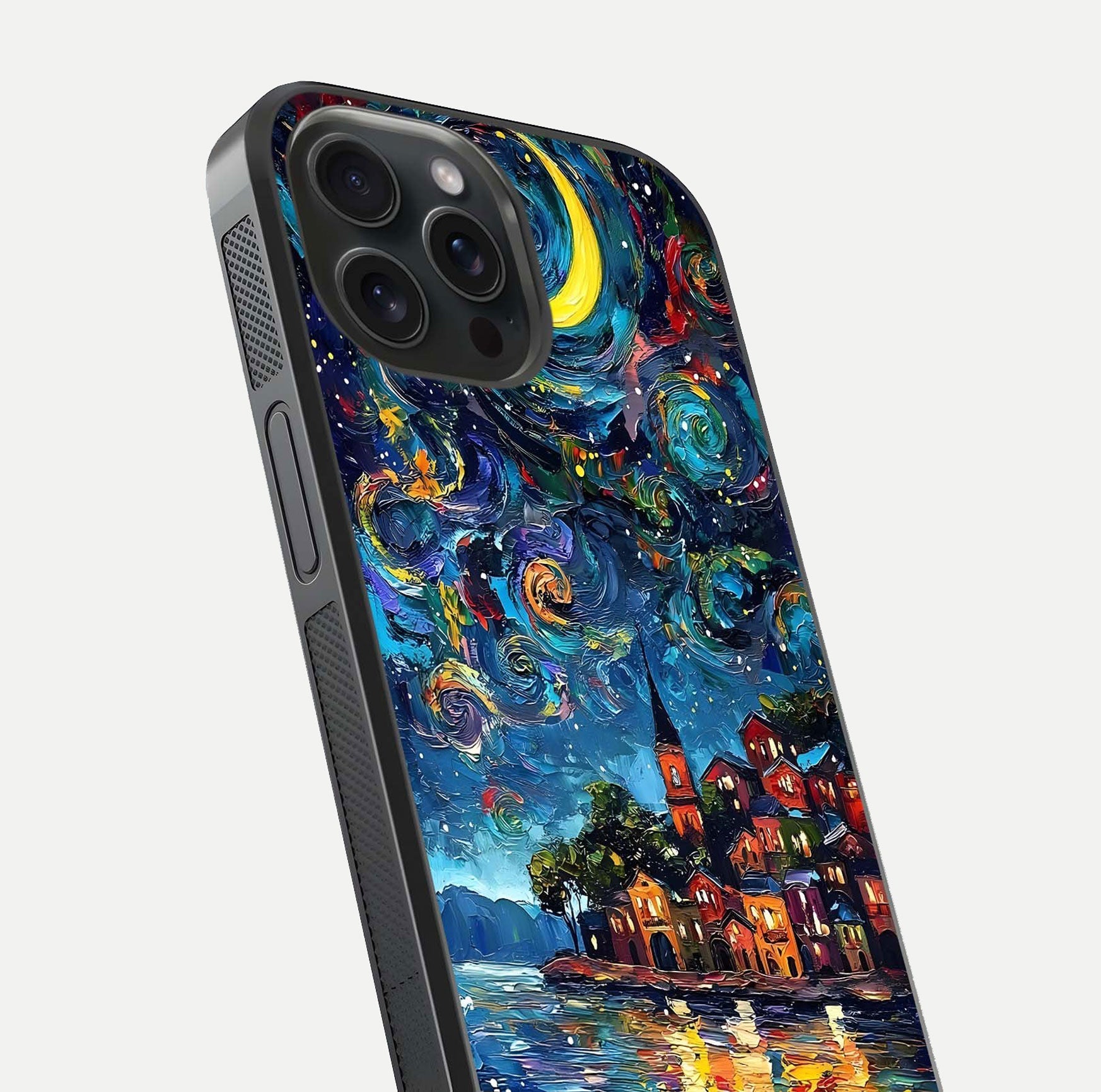 Moonlight Harbor Glow Glass Case for iPhone 15 Pro close-up angled shot showing reflection and moonlight glow