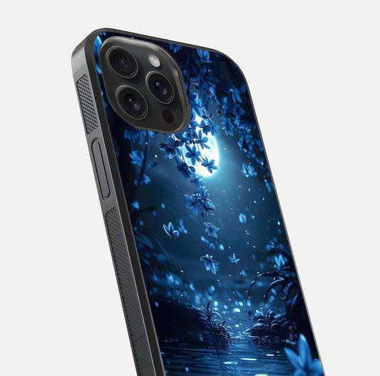 Moonlight Petal Dream Glass Case for iPhone 15 Pro close-up angled shot showing petal reflection and glow texture
