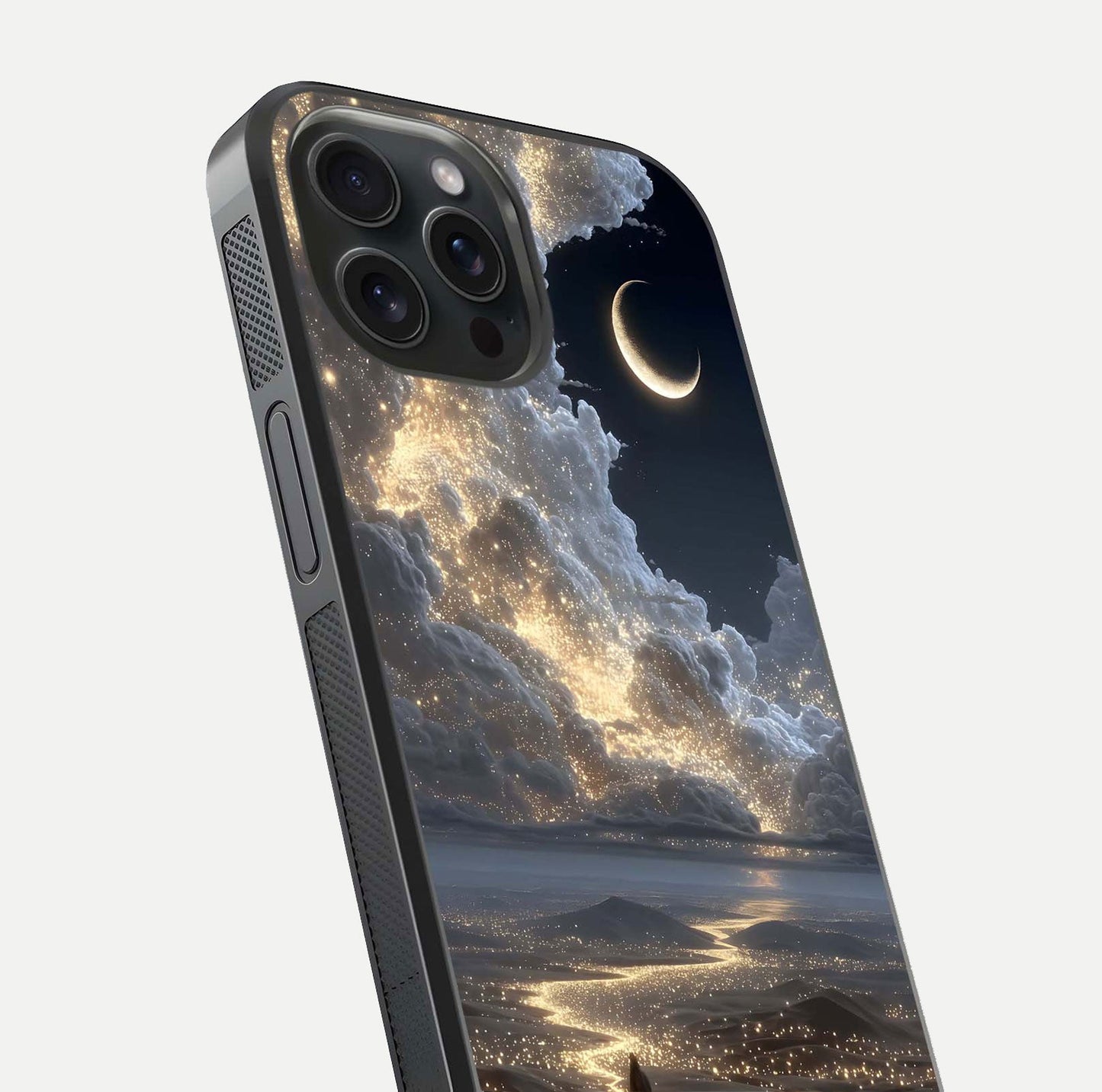 Moonlight Spark Path Glass Case for iPhone 15 Pro close-up angled shot showing glowing stars and reflection