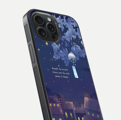 Moonlit Cat Silence Glass Case for iPhone 15 Pro close-up angled shot showing soft glow and reflection texture