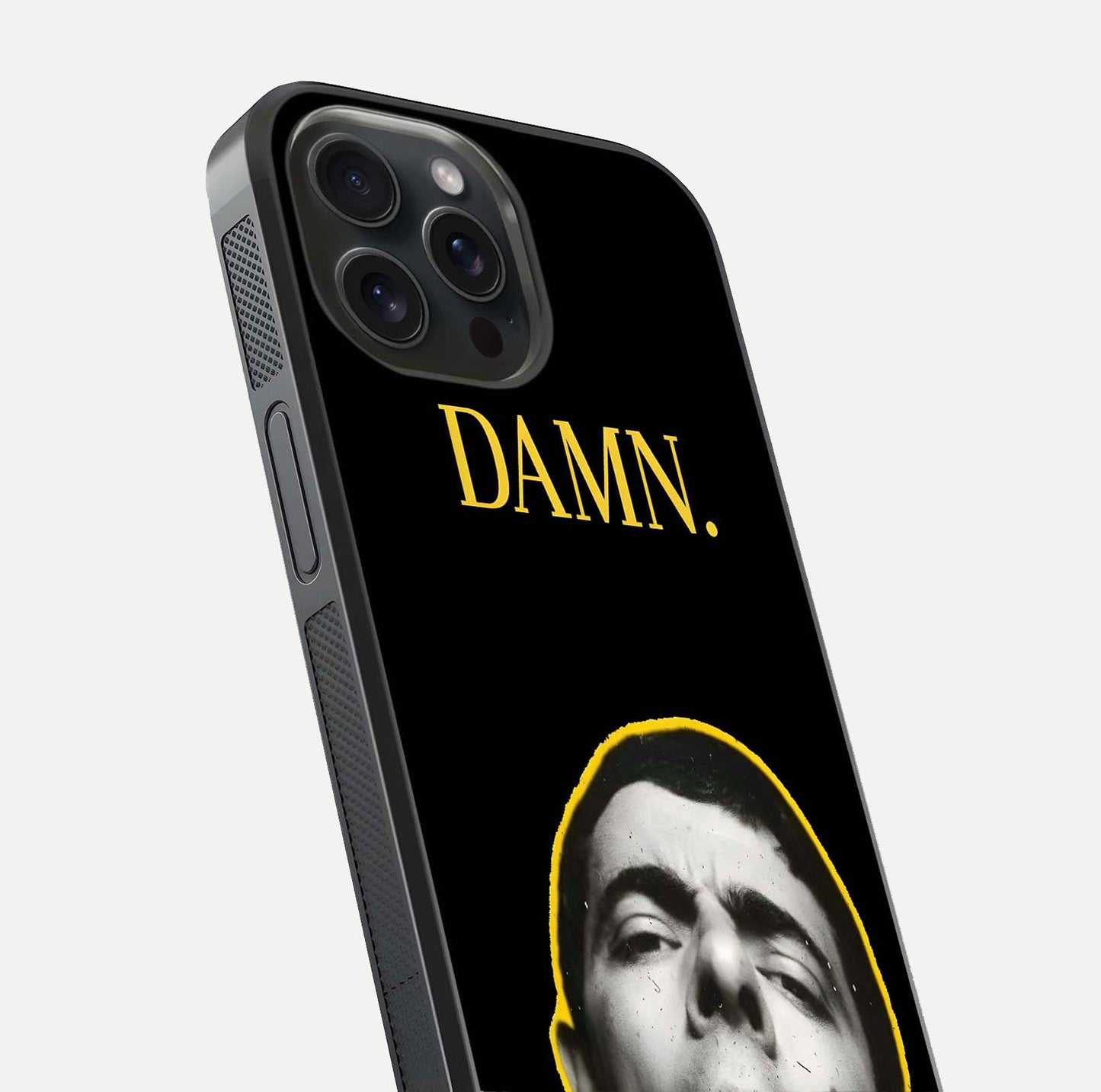 Mr Bean Damn Glass Case for iPhone 15 Pro close-up angled shot highlighting comic expression and shine detail