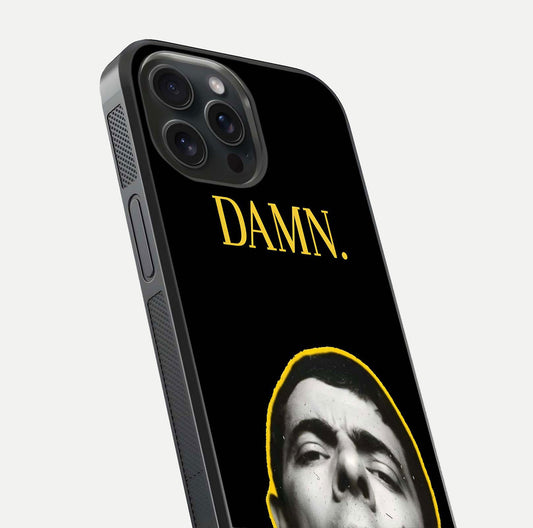 Mr Bean Damn Glass Case for iPhone 15 Pro close-up angled shot highlighting comic expression and shine detail