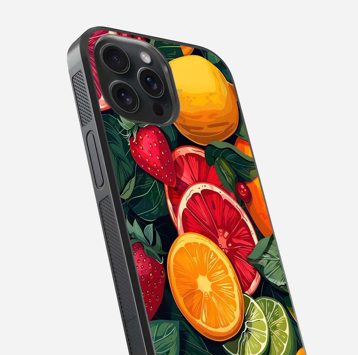 Multiple Fruits Glass Case for iPhone 15 Pro close-up angled shot showing fruit texture and HD gloss shine
