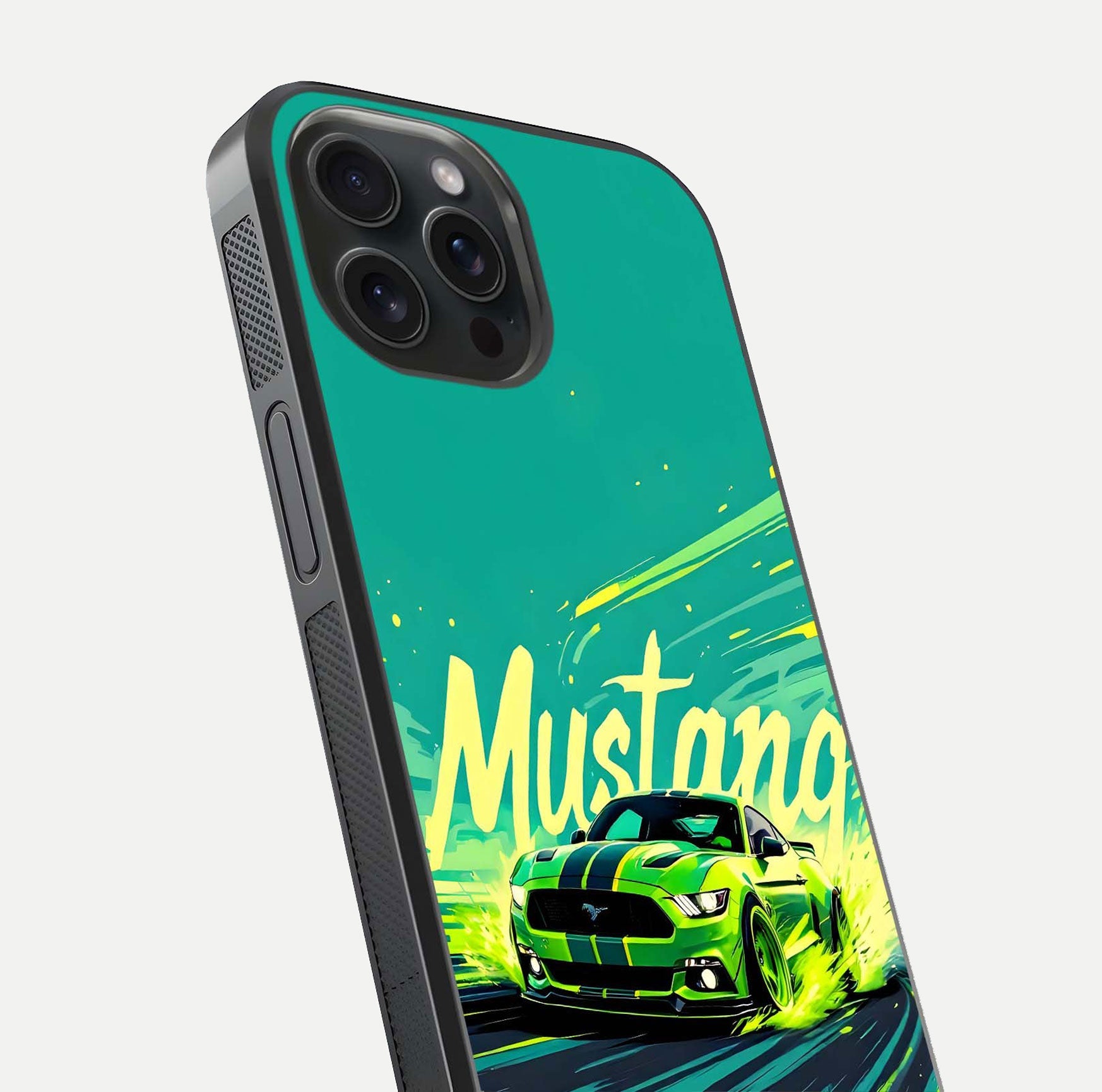 Mustang Bang Glass Case for iPhone 15 Pro close-up angled shot showing car emblem and HD reflection