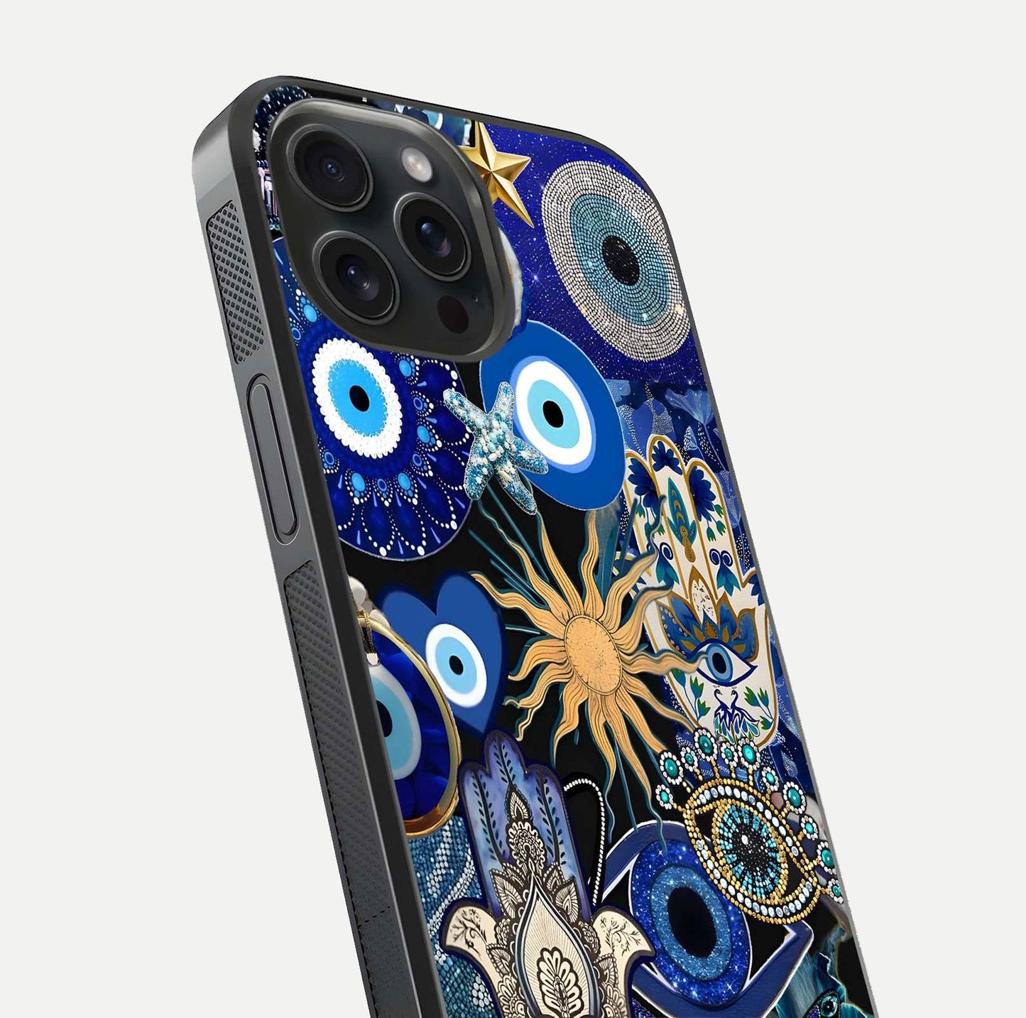 Mystic Blue Evil Eye Glass Case for iPhone 15 Pro close-up angled shot highlighting mystical glow and HD reflection
