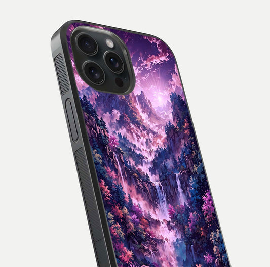 Mystic Cascade Peaks Glass Case for iPhone 15 Pro close-up angled shot showing peak reflections and color gradient