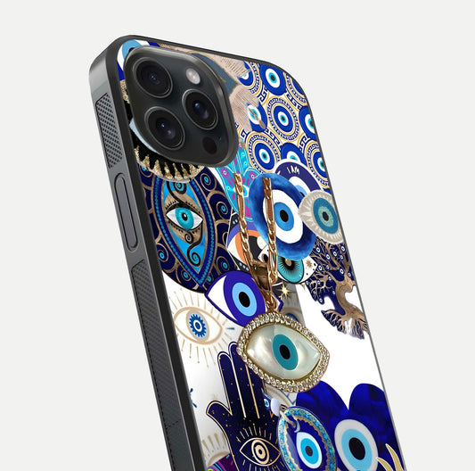 Mystic Charm Eye Glass Case for iPhone 15 Pro close-up angled shot showing detailed eye art and reflection