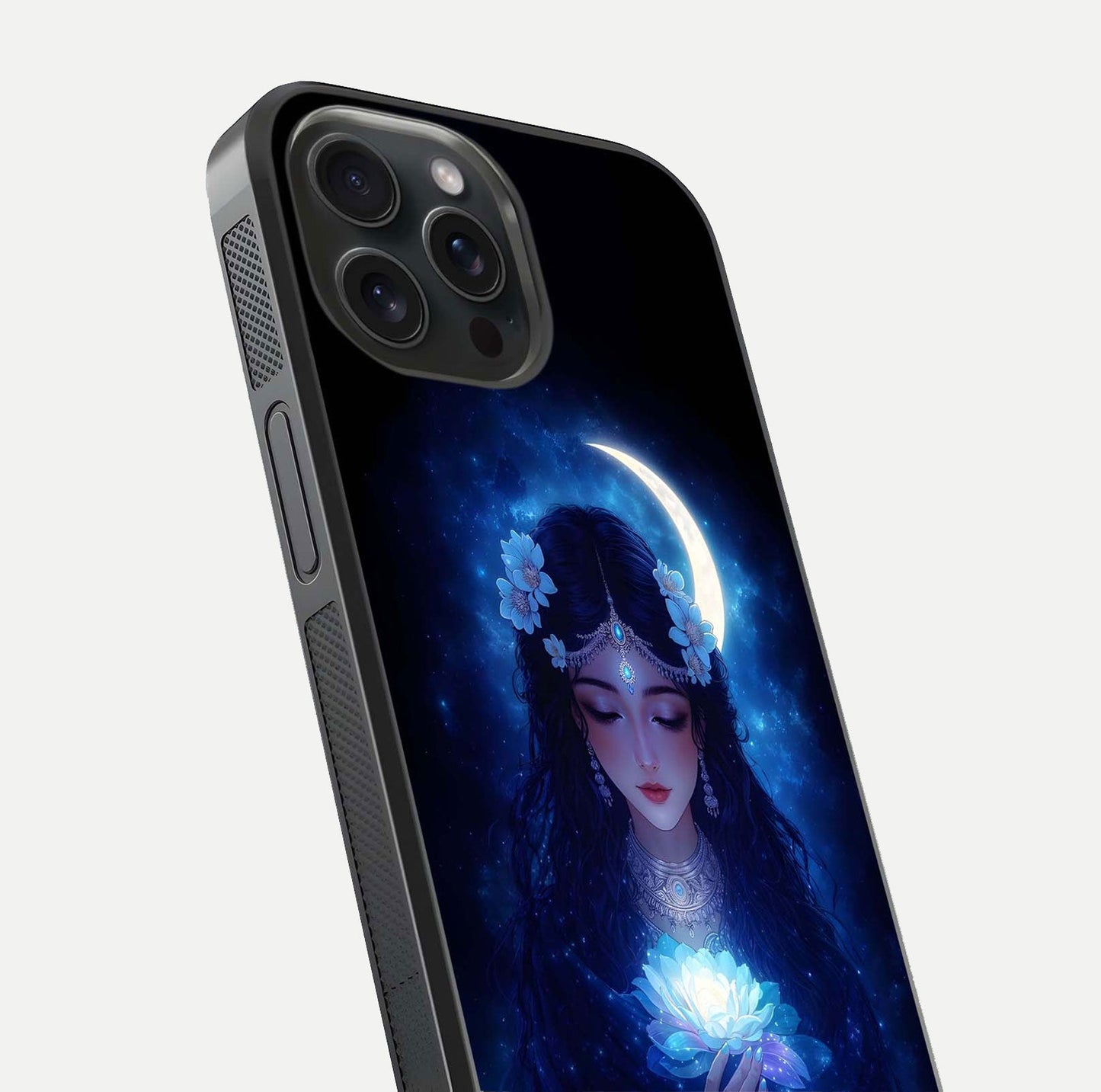 Mystic Moon Queen Glass Case for iPhone 15 Pro close-up angled shot showing shine and lunar tones