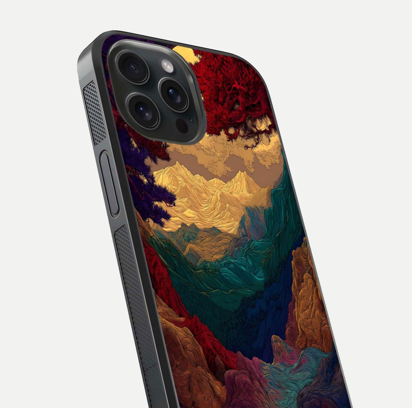 Mystic Valley Light Glass Case for iPhone 15 Pro close-up angled shot highlighting gradient sky and reflection