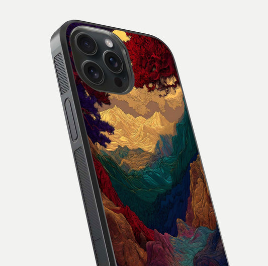 Mystic Valley Light Glass Case for iPhone 15 Pro close-up angled shot highlighting gradient sky and reflection